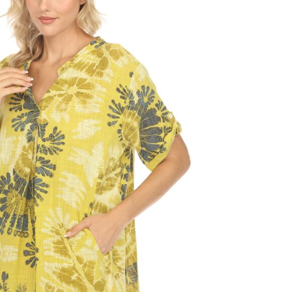 Yellow Print Button Up Sleeves Pockets Dress - Picture 7 of 7
